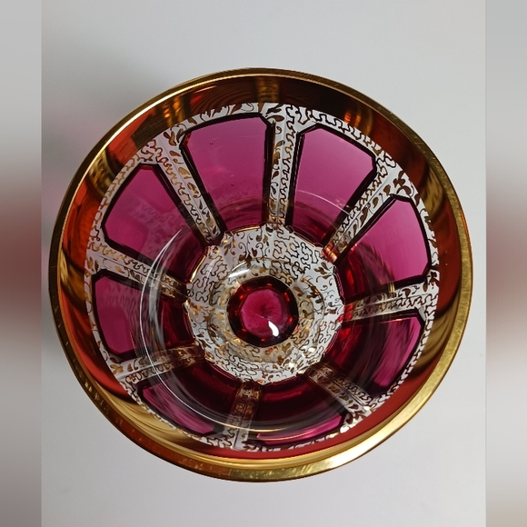 Vintage Moser Gilt Cranberry Panel Bohemian Cabochon Wine Glass 5.75" H - Picture 3 of 7